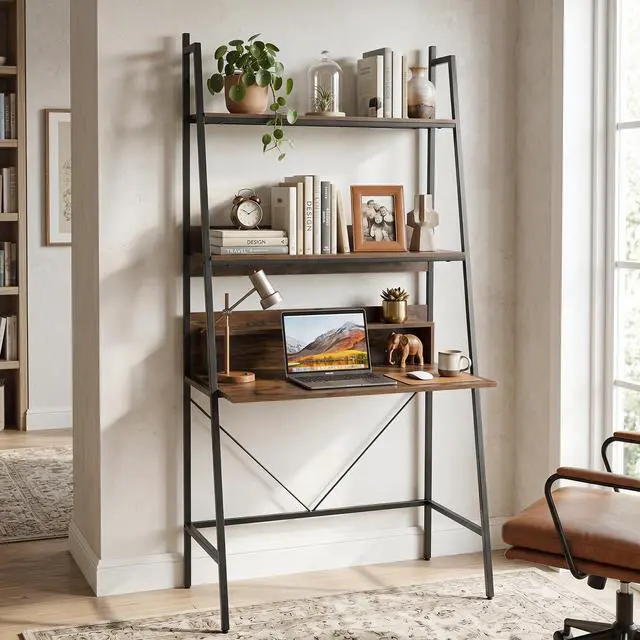 Alt view image 2 of 6 - 3-Tier Ladder Computer Desk, 71 Inch Modern Writing Desk with Storage Shelves, PC Laptop Workstation, Ladder Bookcase Stand Shelf with Metal Frame, Study Shelf Desk for Home Office (Brown)