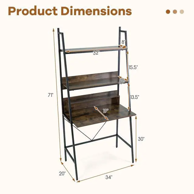 Alt view image 3 of 6 - 3-Tier Ladder Computer Desk, 71 Inch Modern Writing Desk with Storage Shelves, PC Laptop Workstation, Ladder Bookcase Stand Shelf with Metal Frame, Study Shelf Desk for Home Office (Brown)