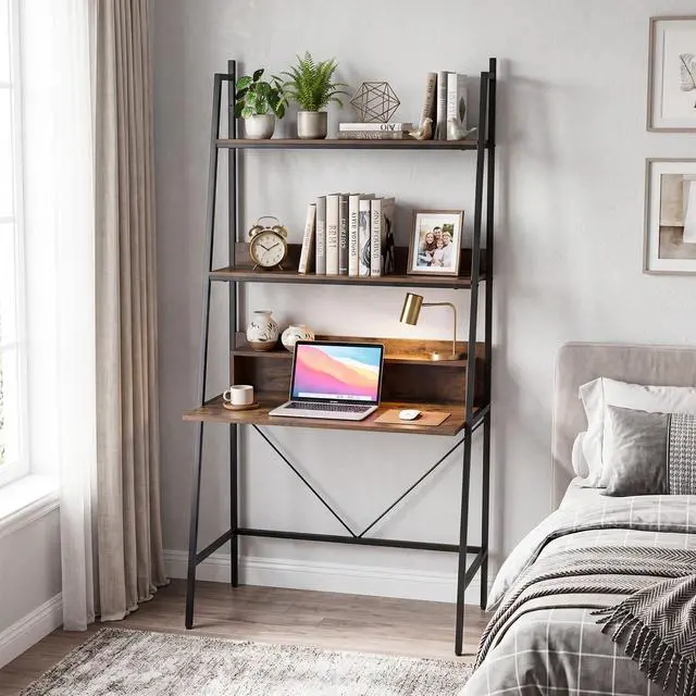 Alt view image 4 of 6 - 3-Tier Ladder Computer Desk, 71 Inch Modern Writing Desk with Storage Shelves, PC Laptop Workstation, Ladder Bookcase Stand Shelf with Metal Frame, Study Shelf Desk for Home Office (Brown)
