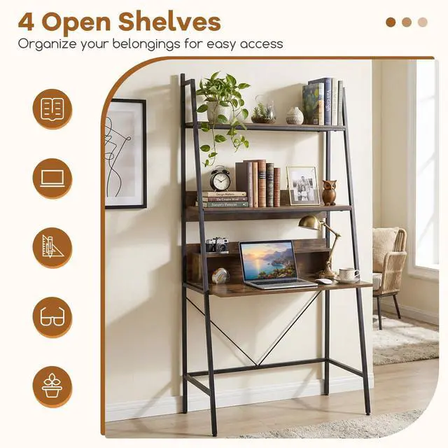 Alt view image 6 of 6 - 3-Tier Ladder Computer Desk, 71 Inch Modern Writing Desk with Storage Shelves, PC Laptop Workstation, Ladder Bookcase Stand Shelf with Metal Frame, Study Shelf Desk for Home Office (Brown)