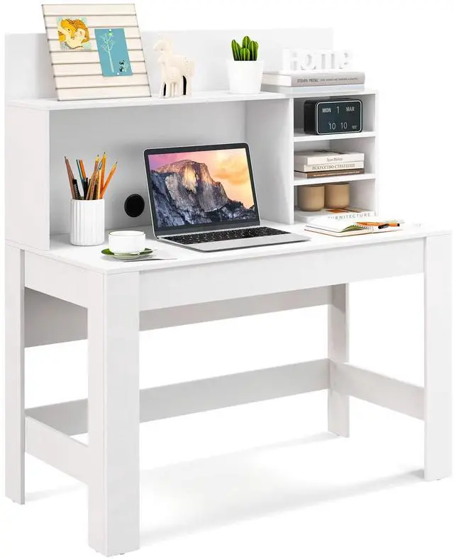Main image of White Desk with Hutch, Home Office Desk with Bookshelf, Computer Workstation PC Laptop Table with Anti-Toppling Device & Cable Hole, Modern Study Writing Desk for Small Spaces, Bedroom