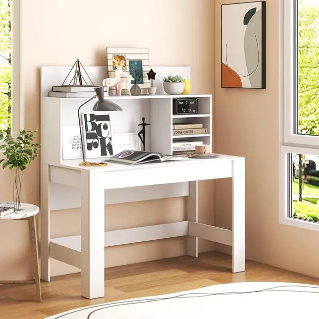 Alt view image 2 of 6 - White Desk with Hutch, Home Office Desk with Bookshelf, Computer Workstation PC Laptop Table with Anti-Toppling Device & Cable Hole, Modern Study Writing Desk for Small Spaces, Bedroom