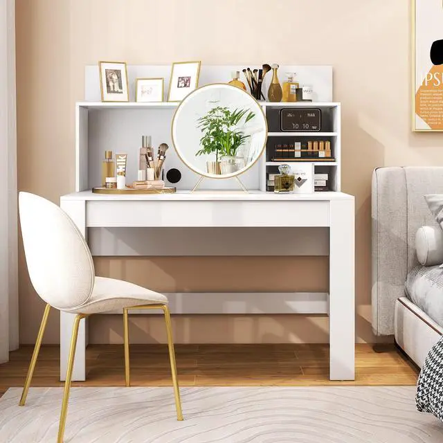 Alt view image 4 of 6 - White Desk with Hutch, Home Office Desk with Bookshelf, Computer Workstation PC Laptop Table with Anti-Toppling Device & Cable Hole, Modern Study Writing Desk for Small Spaces, Bedroom