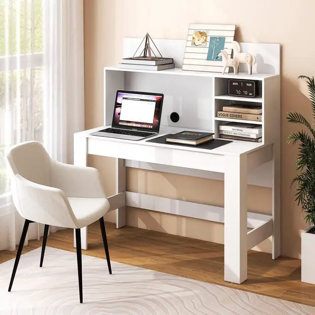 Alt view image 5 of 6 - White Desk with Hutch, Home Office Desk with Bookshelf, Computer Workstation PC Laptop Table with Anti-Toppling Device & Cable Hole, Modern Study Writing Desk for Small Spaces, Bedroom