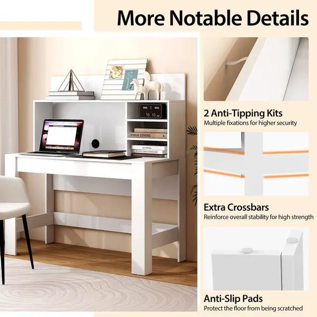 Alt view image 6 of 6 - White Desk with Hutch, Home Office Desk with Bookshelf, Computer Workstation PC Laptop Table with Anti-Toppling Device & Cable Hole, Modern Study Writing Desk for Small Spaces, Bedroom