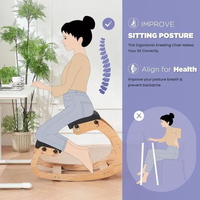 Alt view image 6 of 6 - Ergonomic Kneeling Chair,Adjustable Rocking Knee Chair for Home Office,Wooden Office Chair for Back Pain Relief, Black