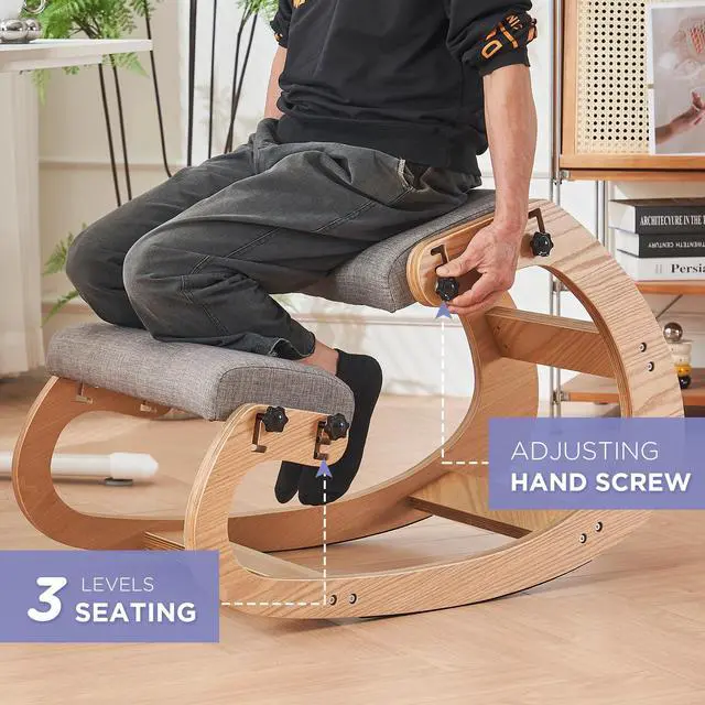 Alt view image 4 of 6 - Ergonomic Kneeling Chair,Adjustable Rocking Knee Chair for Home Office,Wooden Office Chair for Back Pain Relief, Grey