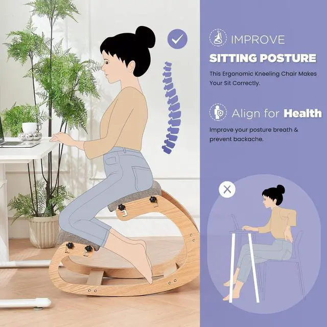 Alt view image 6 of 6 - Ergonomic Kneeling Chair,Adjustable Rocking Knee Chair for Home Office,Wooden Office Chair for Back Pain Relief, Grey