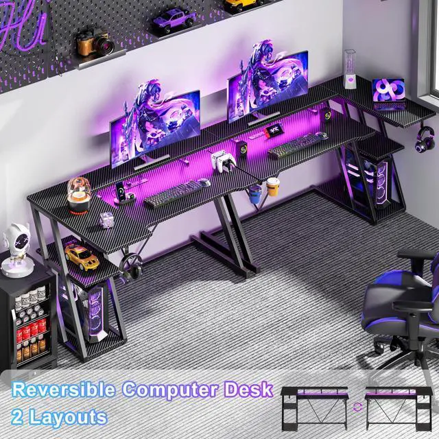 Alt view image 3 of 6 - 47 Inch Gaming Desk with Power Outlet & LED Lights, Corner Computer Desk with 3 Tiers Storage Shelves, Home Office Desk with Monitor Stand for Small Space, Carbon Fiber Black