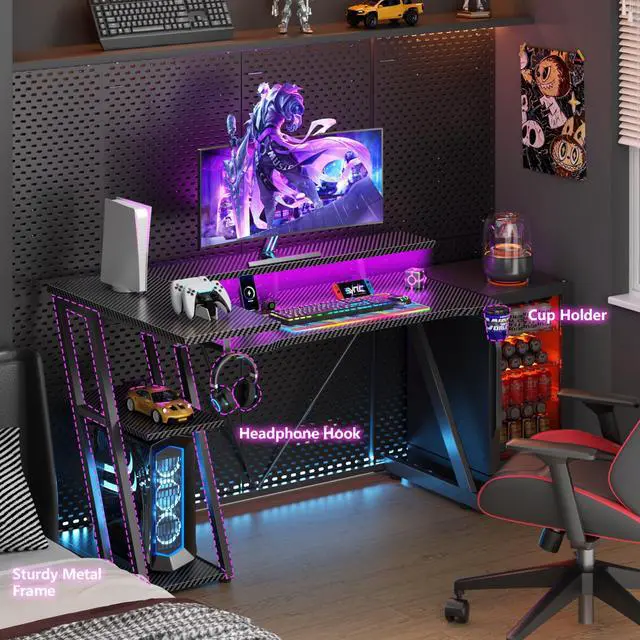 Alt view image 6 of 6 - 47 Inch Gaming Desk with Power Outlet & LED Lights, Corner Computer Desk with 3 Tiers Storage Shelves, Home Office Desk with Monitor Stand for Small Space, Carbon Fiber Black