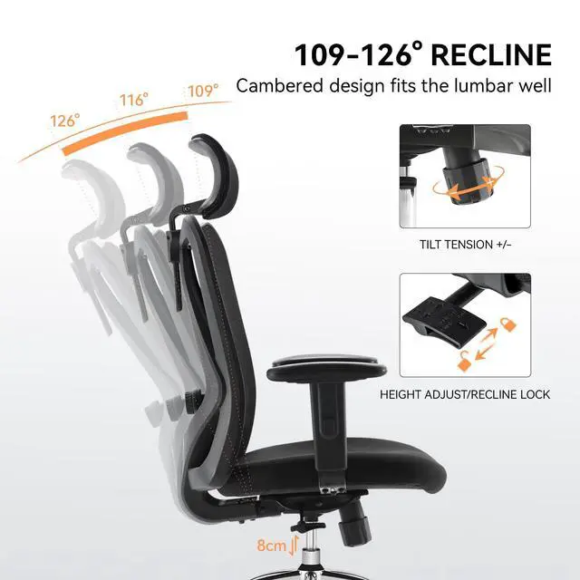Alt view image 3 of 6 - M18 Upgraded Wheels Office Chair Ergonomic Desk Chair, Breathable Mesh Design High Back Computer Chair, Adjustable Headrest and Lumbar Support (Light Black)