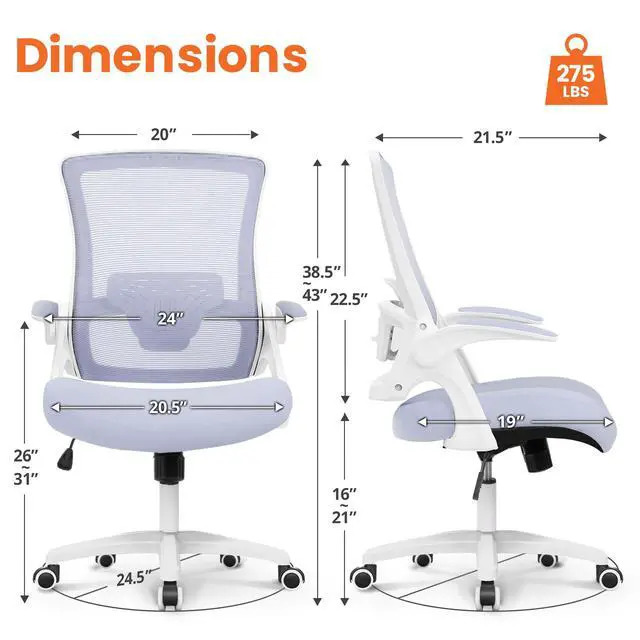 Alt view image 2 of 6 - Office Desk Gaming Chair Computer High Back Mesh Seat with Rolling Wheels Ergonomic Adjustable Comfy Flip-up Armrests Lumbar Support Height for Home (Purple White Frame)