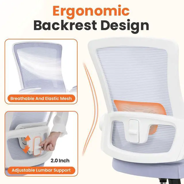 Alt view image 3 of 6 - Office Desk Gaming Chair Computer High Back Mesh Seat with Rolling Wheels Ergonomic Adjustable Comfy Flip-up Armrests Lumbar Support Height for Home (Purple White Frame)