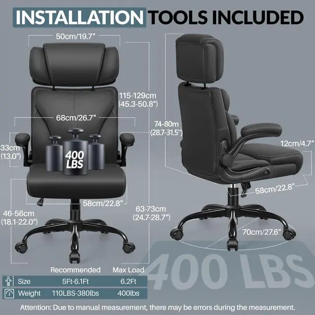 Alt view image 2 of 6 - Office Chair, Ergonomic Big and Tall Computer Desk Chair with Retractable Adjustable Headrest, Executive Breathable Leather Chair, Lumbar Support Swivel Flip-up Armrests Rocking Function,Matte Black