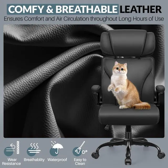 Alt view image 3 of 6 - Office Chair, Ergonomic Big and Tall Computer Desk Chair with Retractable Adjustable Headrest, Executive Breathable Leather Chair, Lumbar Support Swivel Flip-up Armrests Rocking Function,Matte Black