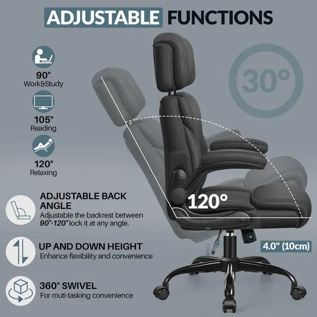 Alt view image 5 of 6 - Office Chair, Ergonomic Big and Tall Computer Desk Chair with Retractable Adjustable Headrest, Executive Breathable Leather Chair, Lumbar Support Swivel Flip-up Armrests Rocking Function,Matte Black