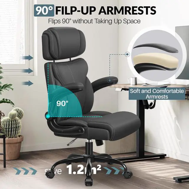 Alt view image 6 of 6 - Office Chair, Ergonomic Big and Tall Computer Desk Chair with Retractable Adjustable Headrest, Executive Breathable Leather Chair, Lumbar Support Swivel Flip-up Armrests Rocking Function,Matte Black