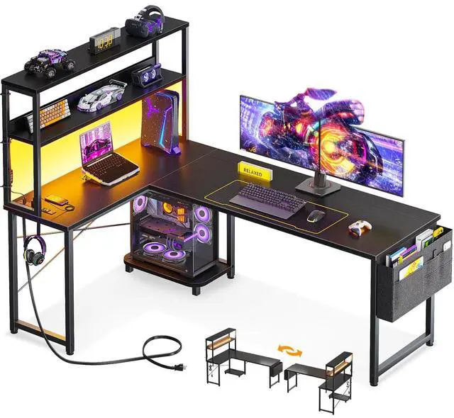 Main image of 61 Inch L Shaped Desk with LED Lighting, Reversible Gaming Desk with Power Outlets, Cornor Computer Table with Storage Shelves & Bag & Iron Hook, Home Office Table for Writing, Study, Black