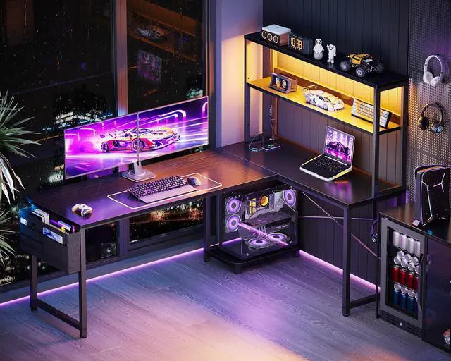 Alt view image 2 of 6 - 61 Inch L Shaped Desk with LED Lighting, Reversible Gaming Desk with Power Outlets, Cornor Computer Table with Storage Shelves & Bag & Iron Hook, Home Office Table for Writing, Study, Black