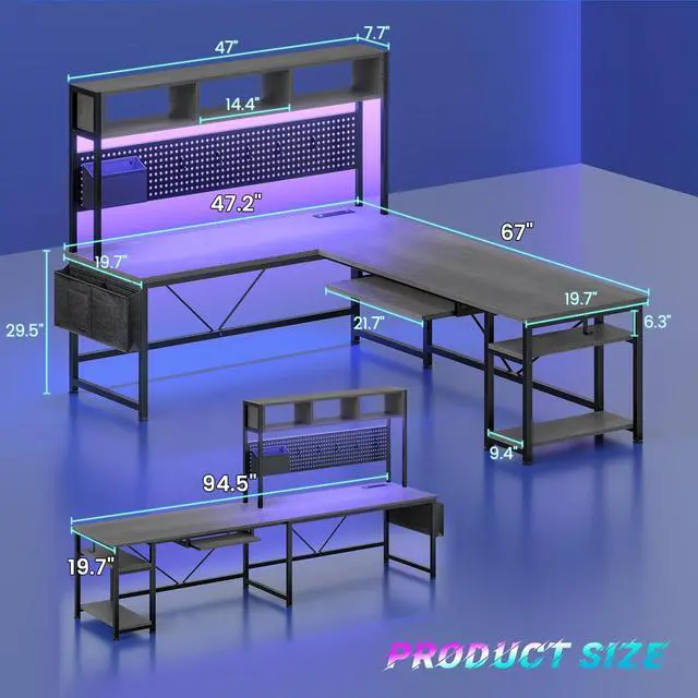 Alt view image 2 of 6 - L Shaped Desk, 94.5 Inch Home Office Desk with Power Outlet & Pegboard, L Shaped Gaming Desk with LED Light, Keyboard Tray, Storage Shelves and Headphone Hook for Home Office, Grey