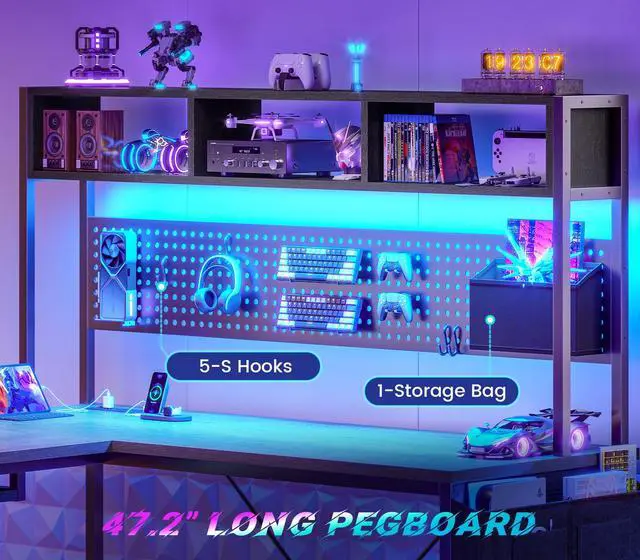 Alt view image 4 of 6 - L Shaped Desk, 94.5 Inch Home Office Desk with Power Outlet & Pegboard, L Shaped Gaming Desk with LED Light, Keyboard Tray, Storage Shelves and Headphone Hook for Home Office, Grey