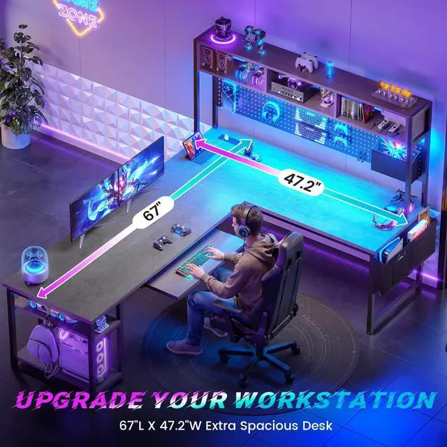 Alt view image 5 of 6 - L Shaped Desk, 94.5 Inch Home Office Desk with Power Outlet & Pegboard, L Shaped Gaming Desk with LED Light, Keyboard Tray, Storage Shelves and Headphone Hook for Home Office, Grey