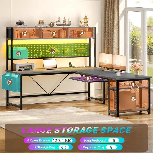Alt view image 6 of 6 - L Shaped Desk, 94.5 Inch Home Office Desk with Power Outlet & Pegboard, L Shaped Gaming Desk with LED Light, Keyboard Tray, Storage Shelves and Headphone Hook for Home Office, Grey