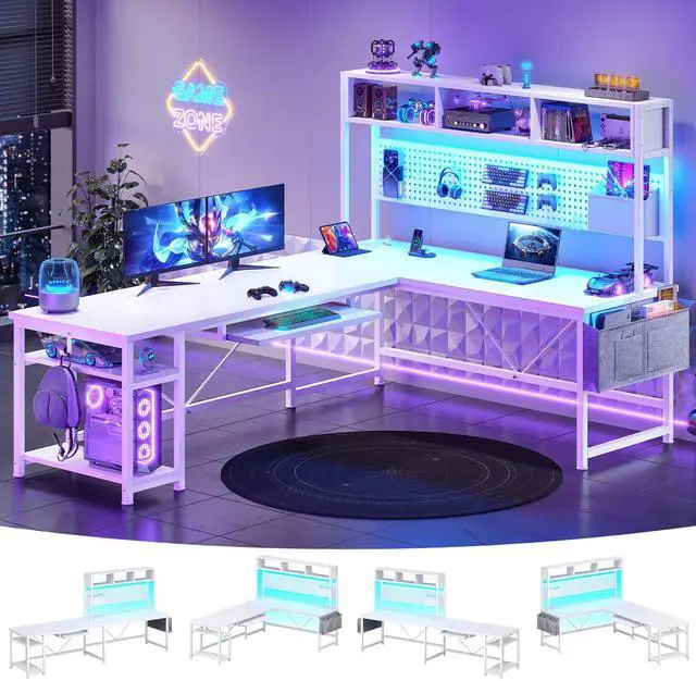 Main image of White L Shaped Gaming Desk, Reversible Corner With Power Outlet and Pegboard, Hutch, Storage Shelf, Keyboard Tray, and LED Lights for Home Office