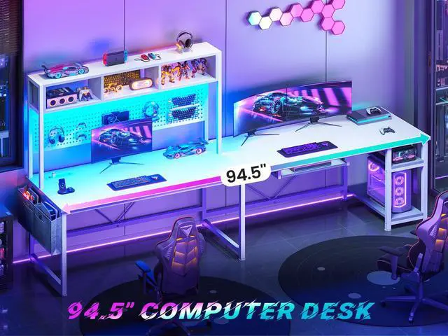Alt view image 3 of 6 - White L Shaped Gaming Desk, Reversible Corner With Power Outlet and Pegboard, Hutch, Storage Shelf, Keyboard Tray, and LED Lights for Home Office
