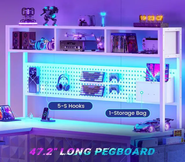 Alt view image 4 of 6 - White L Shaped Gaming Desk, Reversible Corner With Power Outlet and Pegboard, Hutch, Storage Shelf, Keyboard Tray, and LED Lights for Home Office