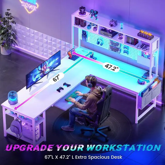 Alt view image 5 of 6 - White L Shaped Gaming Desk, Reversible Corner With Power Outlet and Pegboard, Hutch, Storage Shelf, Keyboard Tray, and LED Lights for Home Office