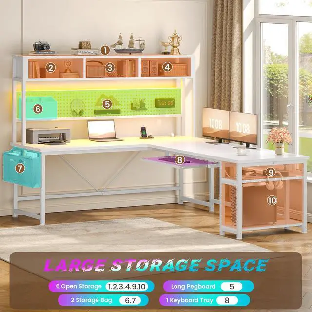Alt view image 6 of 6 - White L Shaped Gaming Desk, Reversible Corner With Power Outlet and Pegboard, Hutch, Storage Shelf, Keyboard Tray, and LED Lights for Home Office