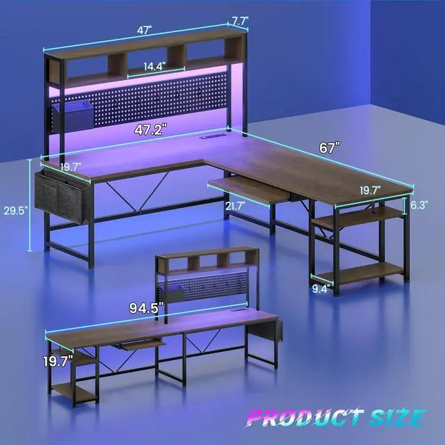 Alt view image 2 of 6 - L Shaped Desk, 94.5 Inch Office Desk with Power Outlet & Pegboard, L Shaped Desk with Led Light, Keyboard Tray, Storage Shelves and Headphone Hook for Home Office, Walnut Brown