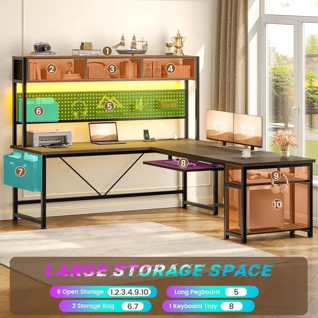 Alt view image 5 of 6 - L Shaped Desk, 94.5 Inch Office Desk with Power Outlet & Pegboard, L Shaped Desk with Led Light, Keyboard Tray, Storage Shelves and Headphone Hook for Home Office, Walnut Brown