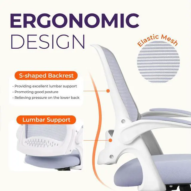 Alt view image 3 of 6 - Office Desk Gaming Ergonomic Computer Chair with Lumbar Back Support Adjustable Height Swivel Rolling Wheels Flip-up Arms Mesh Chair for Home Vanity (Purple)
