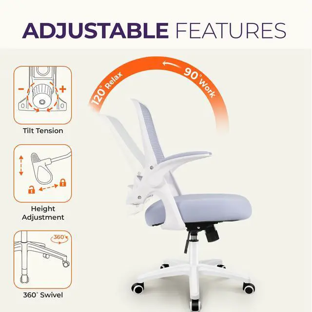 Alt view image 6 of 6 - Office Desk Gaming Ergonomic Computer Chair with Lumbar Back Support Adjustable Height Swivel Rolling Wheels Flip-up Arms Mesh Chair for Home Vanity (Purple)
