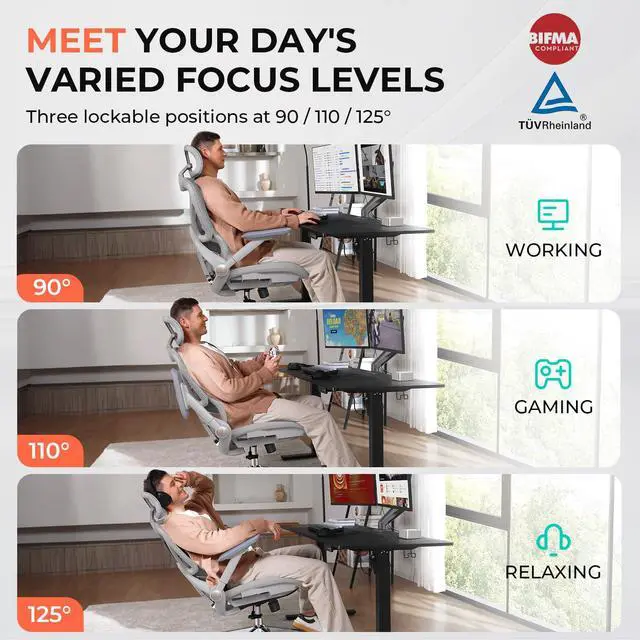Alt view image 3 of 6 - Ergonomic Mesh Office Chair, Adjustable Lumbar High Back Desk Chair 400lbs, 4D Flip-up Arms, 3 Tilt Backrest, 3D Headrest, PU Wheels, Swivel Rolling Computer Seating for Long Desk Work - Grey