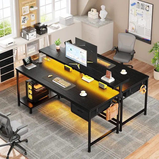 Alt view image 2 of 6 - 47.2" Gaming Desk with Power Outlet and LED Lights,Computer Desk with Adjustable Monitor Stand and Drawer,Office Desk with CPU Stand for Home Work,Study and Gaming, Small Spaces,Black