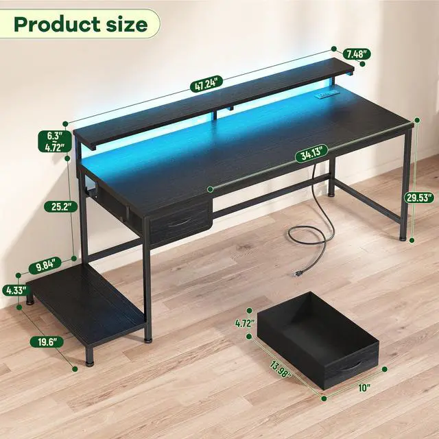 Alt view image 3 of 6 - 47.2" Gaming Desk with Power Outlet and LED Lights,Computer Desk with Adjustable Monitor Stand and Drawer,Office Desk with CPU Stand for Home Work,Study and Gaming, Small Spaces,Black