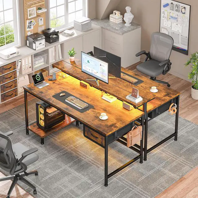 Alt view image 2 of 6 - 39.3Inch Office Desk with Power Outlet & Drawer, Gaming Desk with CPU Stand& LED Lights,Computer Desk with Ergonomic Monitor Stand for Small Space,Rustic Brown