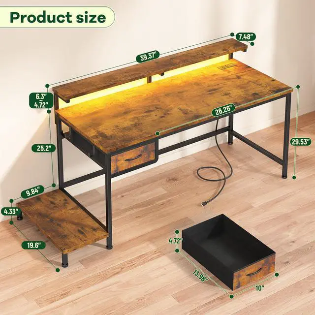 Alt view image 3 of 6 - 39.3Inch Office Desk with Power Outlet & Drawer, Gaming Desk with CPU Stand& LED Lights,Computer Desk with Ergonomic Monitor Stand for Small Space,Rustic Brown