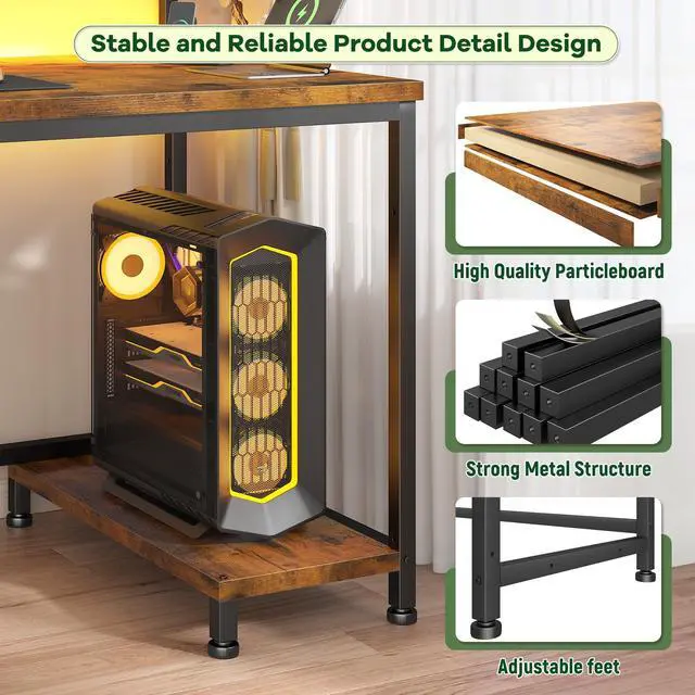 Alt view image 6 of 6 - 39.3Inch Office Desk with Power Outlet & Drawer, Gaming Desk with CPU Stand& LED Lights,Computer Desk with Ergonomic Monitor Stand for Small Space,Rustic Brown