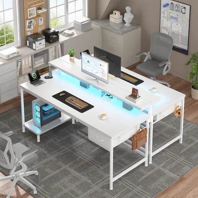 Alt view image 2 of 6 - Computer Desk with Ergonomic Monitor Stand & CPU Stand,47.2" Gaming Desk with 1 Drawer & Power Outlet & LED Lights for Home Work, Bedroom Study and Gaming, Small Spaces,White