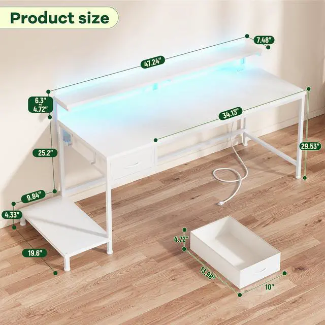 Alt view image 3 of 6 - Computer Desk with Ergonomic Monitor Stand & CPU Stand,47.2" Gaming Desk with 1 Drawer & Power Outlet & LED Lights for Home Work, Bedroom Study and Gaming, Small Spaces,White