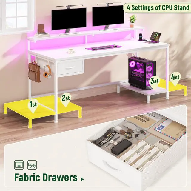 Alt view image 5 of 6 - Computer Desk with Ergonomic Monitor Stand & CPU Stand,47.2" Gaming Desk with 1 Drawer & Power Outlet & LED Lights for Home Work, Bedroom Study and Gaming, Small Spaces,White