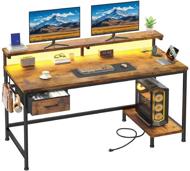 Main image of 47.2 Inch Office Desk with Power Outlet & Ergonomic Monitor Stand,Gaming Desk with CPU Stand& LED Lights,Computer Desk with Drawer for Home Work,Study Redroom and Gaming,Small Spaces,Rustic Brown