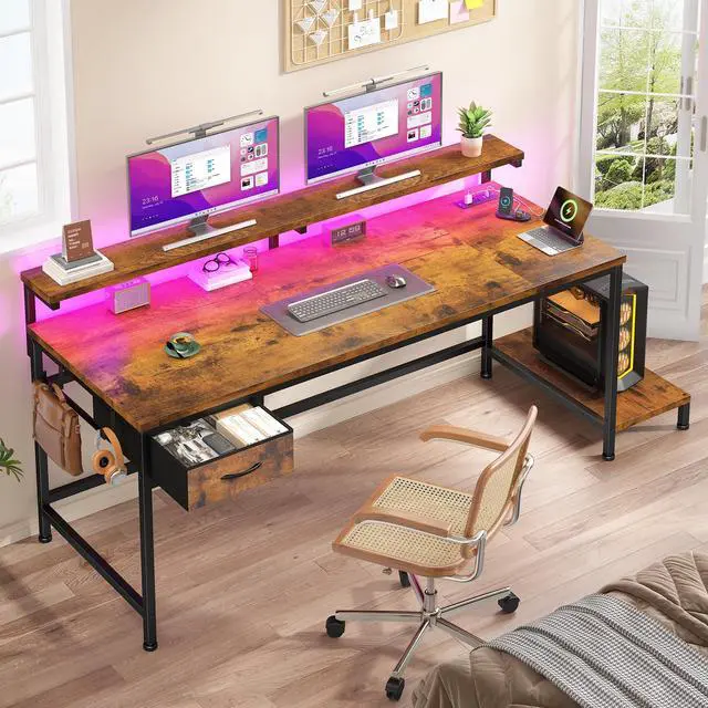Alt view image 2 of 6 - 47.2 Inch Office Desk with Power Outlet & Ergonomic Monitor Stand,Gaming Desk with CPU Stand& LED Lights,Computer Desk with Drawer for Home Work,Study Redroom and Gaming,Small Spaces,Rustic Brown