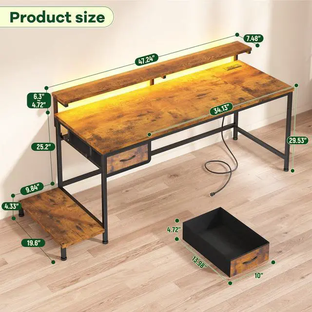 Alt view image 3 of 6 - 47.2 Inch Office Desk with Power Outlet & Ergonomic Monitor Stand,Gaming Desk with CPU Stand& LED Lights,Computer Desk with Drawer for Home Work,Study Redroom and Gaming,Small Spaces,Rustic Brown