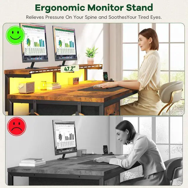 Alt view image 5 of 6 - 47.2 Inch Office Desk with Power Outlet & Ergonomic Monitor Stand,Gaming Desk with CPU Stand& LED Lights,Computer Desk with Drawer for Home Work,Study Redroom and Gaming,Small Spaces,Rustic Brown