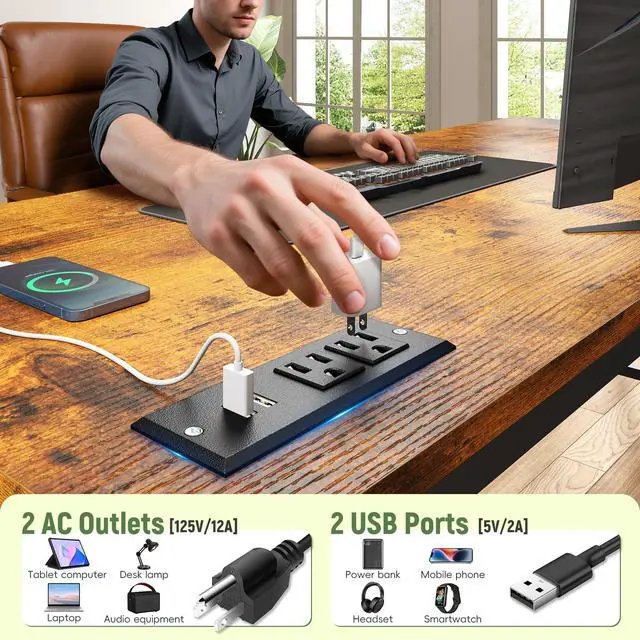 Alt view image 6 of 6 - 47.2 Inch Office Desk with Power Outlet & Ergonomic Monitor Stand,Gaming Desk with CPU Stand& LED Lights,Computer Desk with Drawer for Home Work,Study Redroom and Gaming,Small Spaces,Rustic Brown
